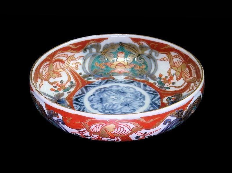 古伊万里 金襴手 窓絵鳳凰に花図 4寸皿