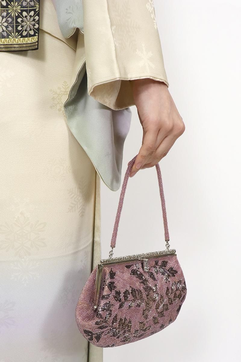 銀座【G-2758】ビーズ刺繍 バッグ 草花の図 梅鼠色×枯茶色 - 銀座