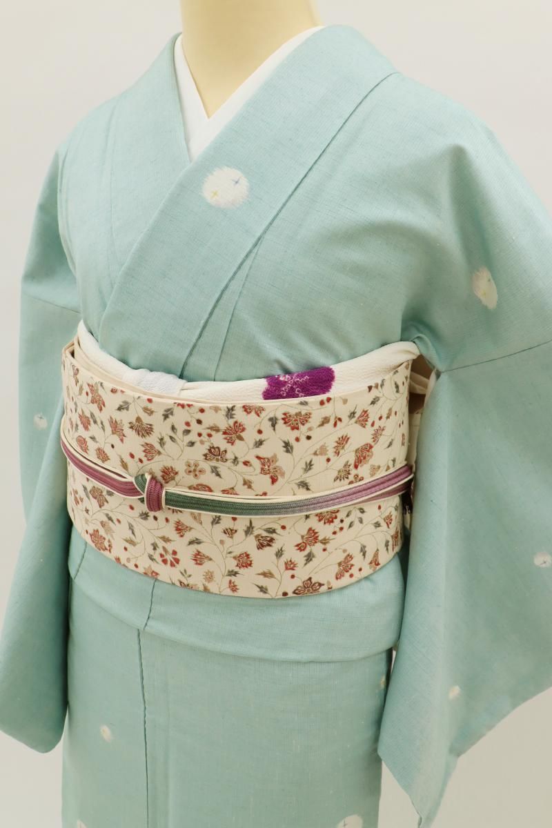 銀座【A-4030】小千谷紬 淡い水浅葱色 丸文（松屋扱い） :身丈162/裄