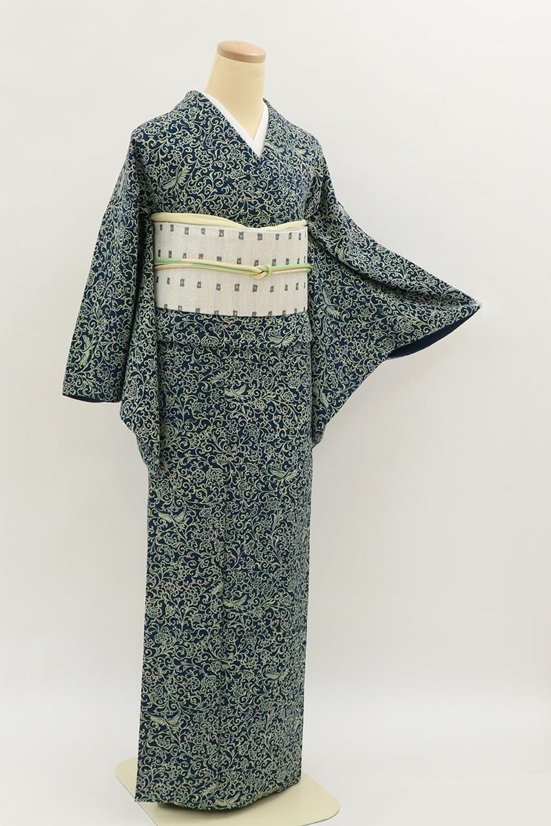 銀座【D-3623】千總製 縮緬地 小紋 青色系 花鳥文（三越扱い・反端付