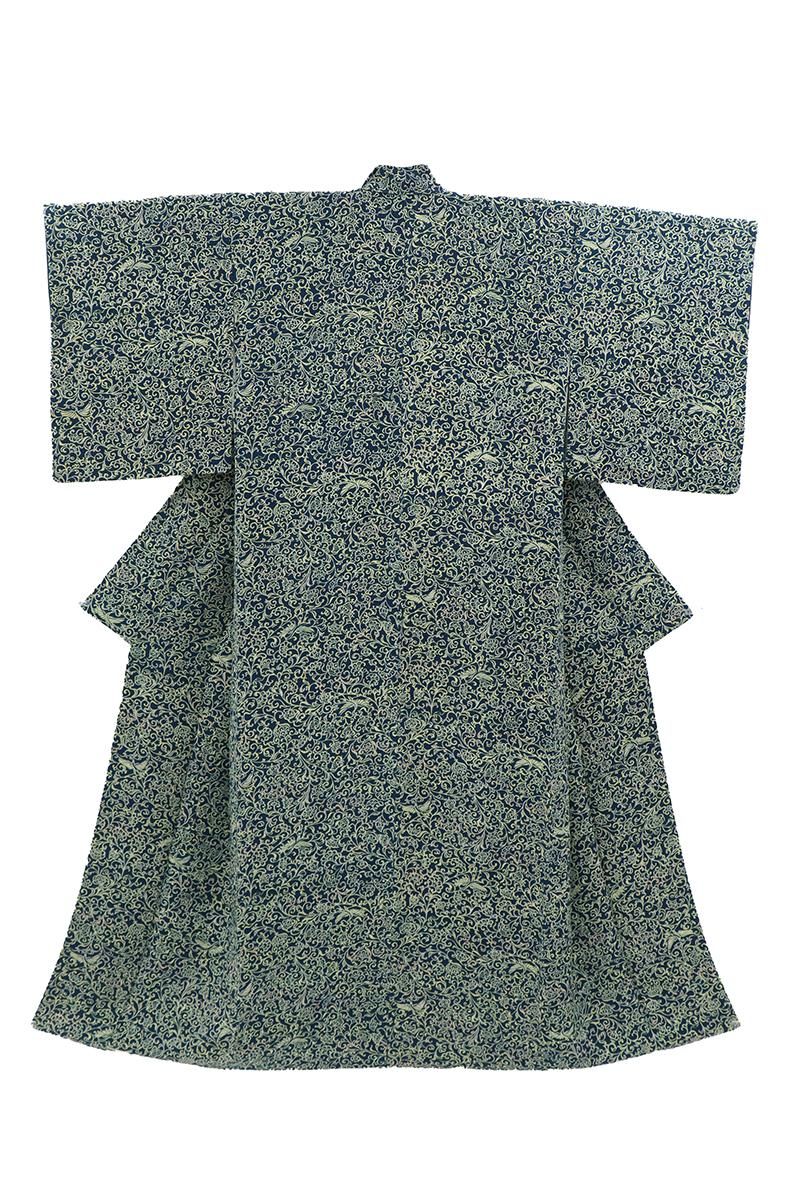 銀座【D-3623】千總製 縮緬地 小紋 青色系 花鳥文（三越扱い・反端付