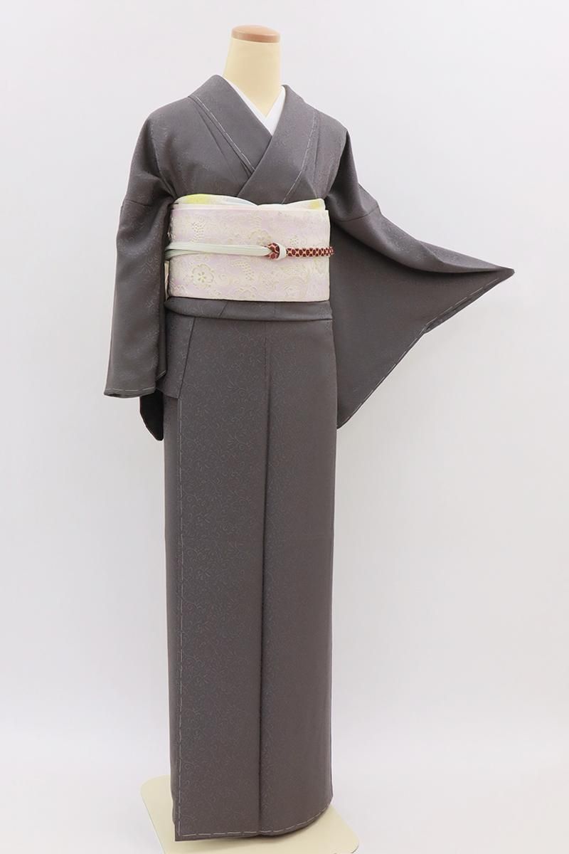 銀座【C-3019】色無地 鳩羽鼠色 唐草の地紋(反端付)（N):身丈156.5/裄