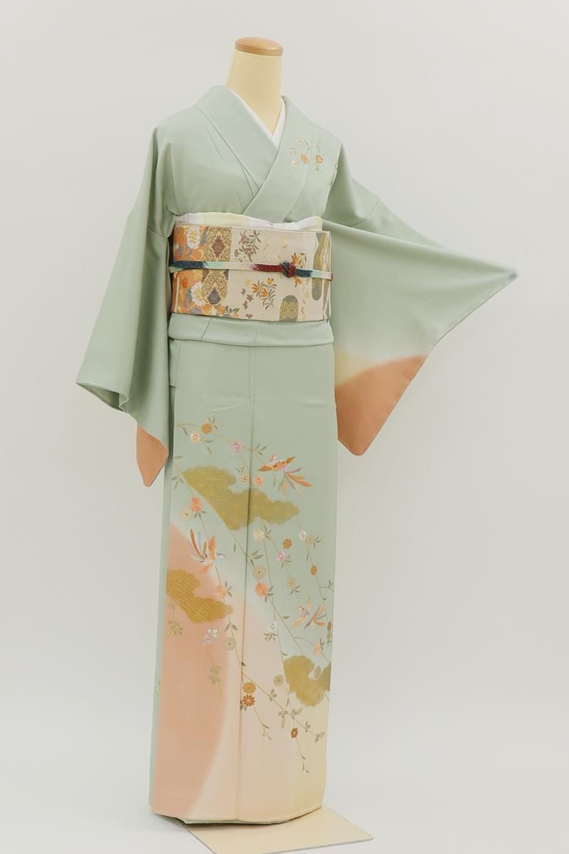 銀座【B-4030】訪問着 裏葉色 裾暈かしに四季花や尾長鳥など :身丈159