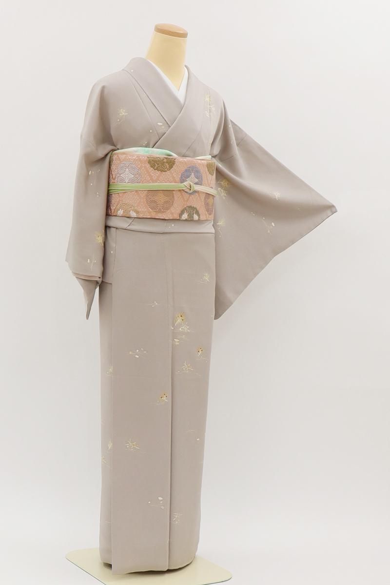 銀座【D-3730】付下げ小紋 桜鼠色 若松や吹き寄せ文 :身丈153/裄65