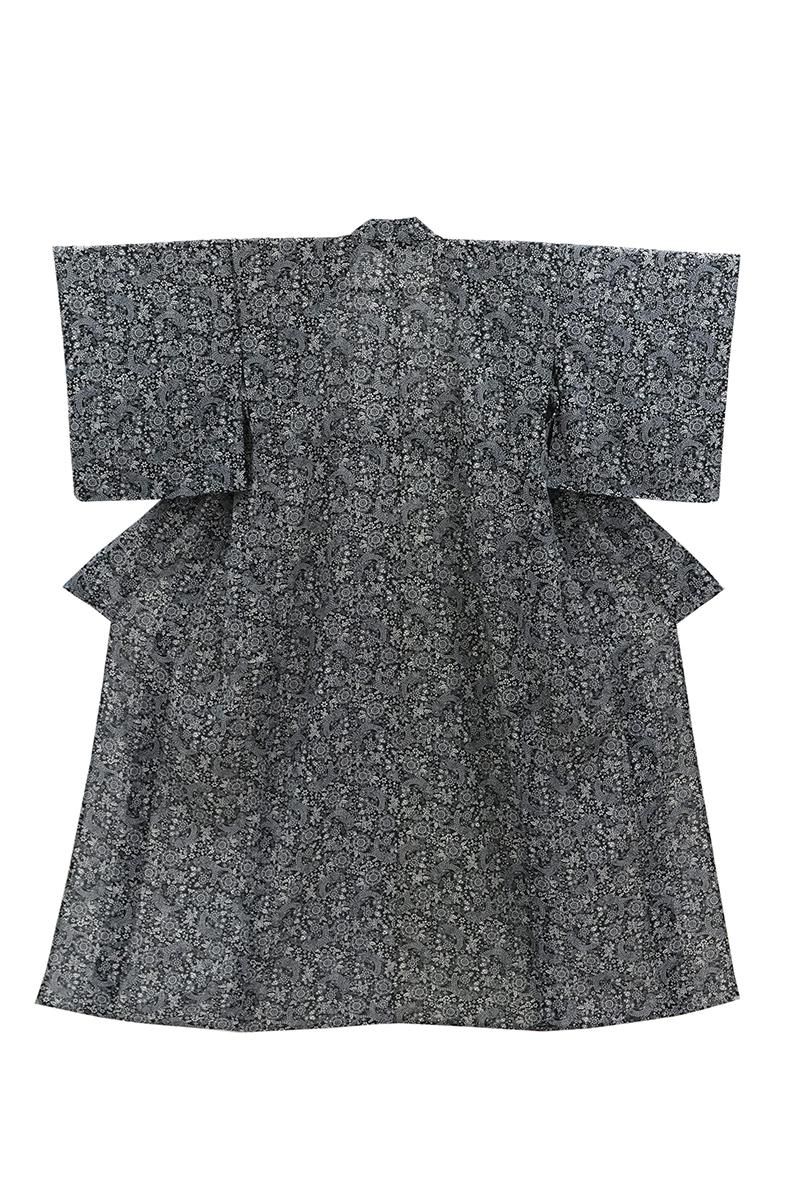 銀座【D-3748】絽縮緬 東京染小紋 黒色 花鳥文（反端付）:身丈156/裄