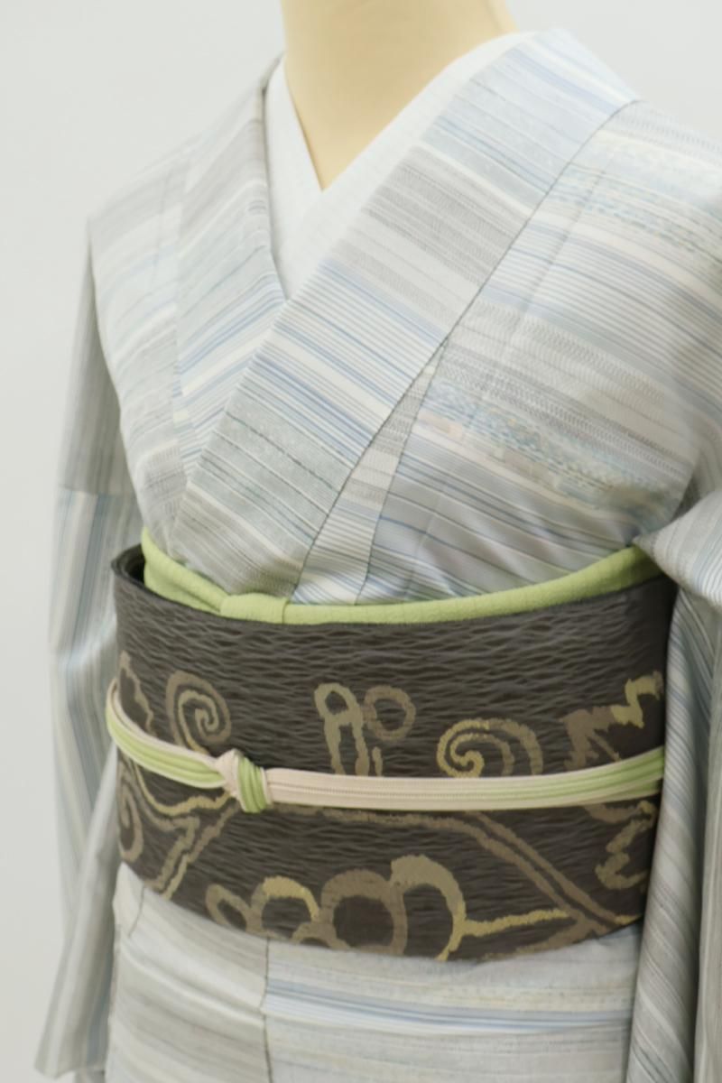 銀座【A-4074】単衣 本場縞大島紬 白色 横縞（証紙付）:身丈160.5/裄