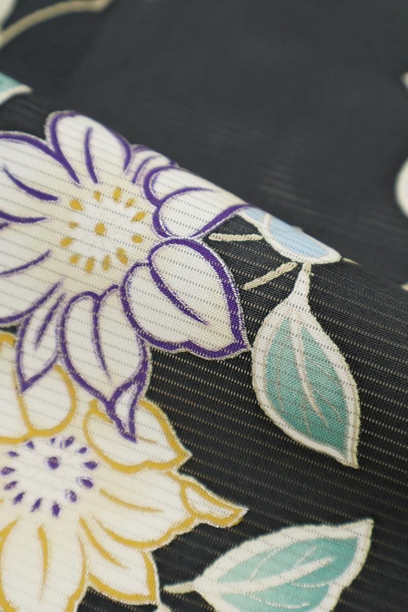 銀座【D-3811】京摺り友禅 岡本澄生作 絽 小紋 青鈍色 鉄線の図（反端