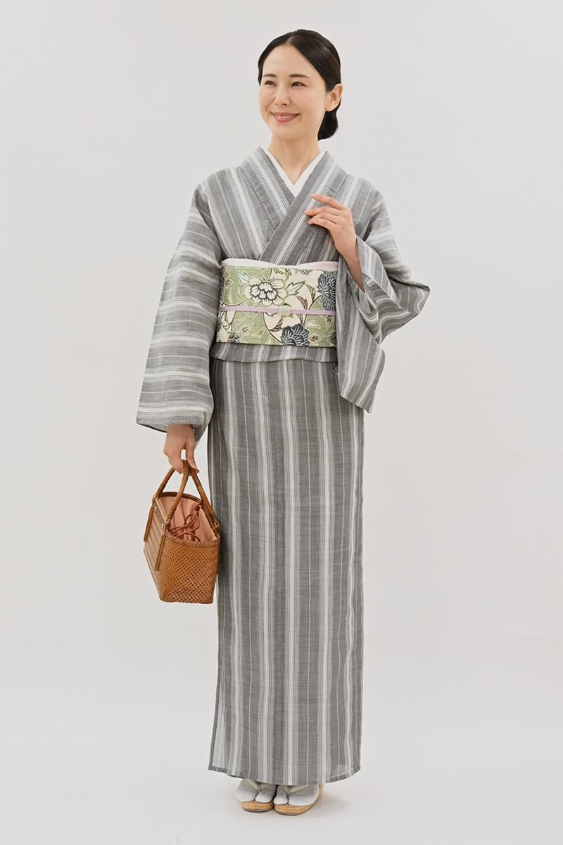 銀座【A-4104】本場小千谷縮 素鼠色 竪縞（証紙付） :身丈165.5/裄70