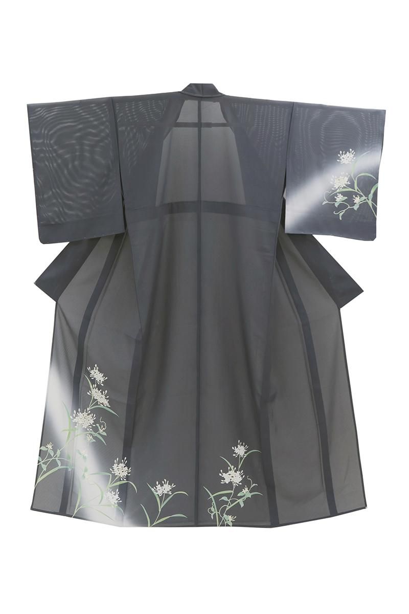 あおき【B-4172】絽 付下げ 紺鼠色 野の花の図（反端付） :身丈162/裄