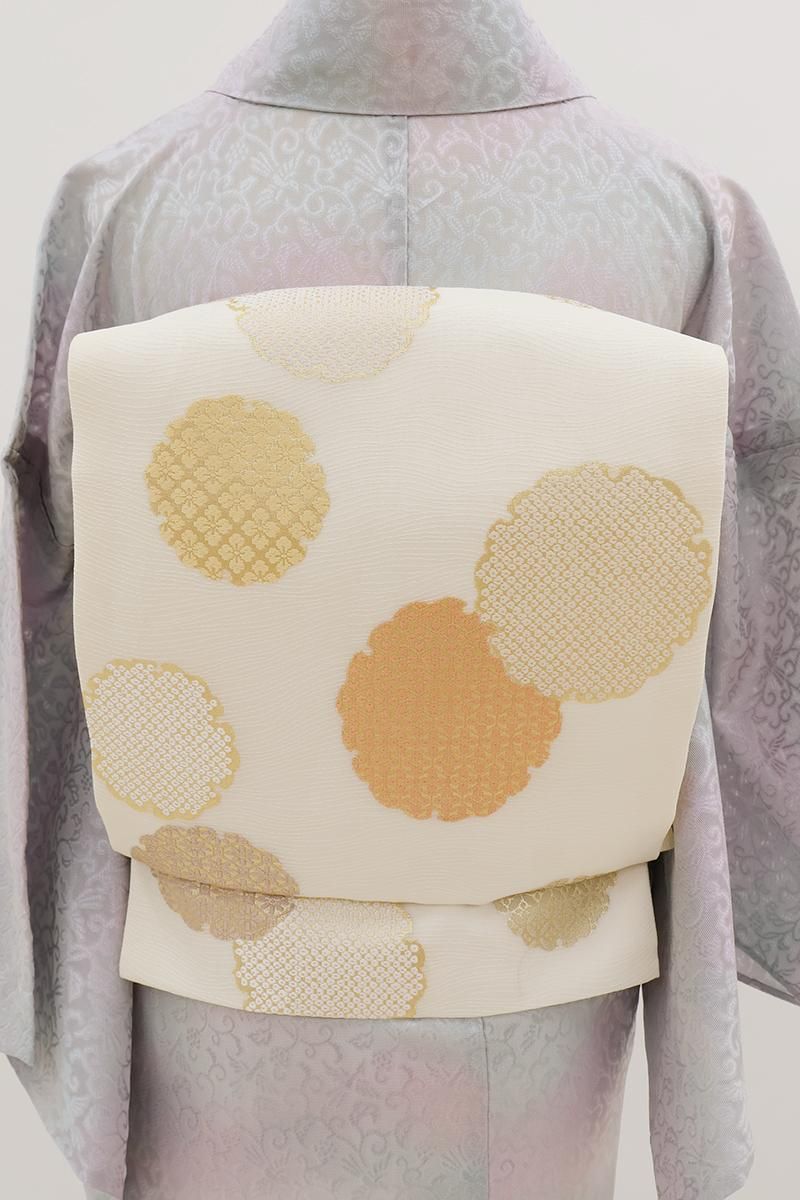 あおき【H-0651】西陣製 夏 織名古屋帯 白色 雪輪文（紙札付）（N