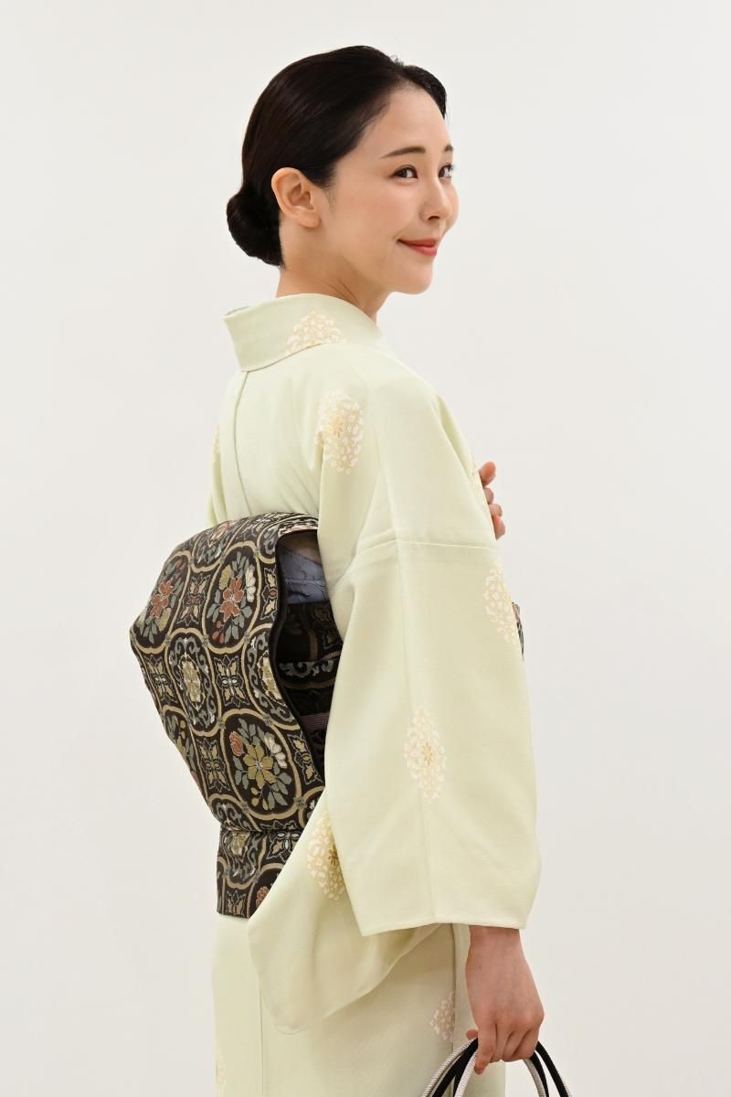 銀座【L-8362】西陣 川島織物製 本袋帯 千歳茶色 木瓜繋ぎ文（落款入