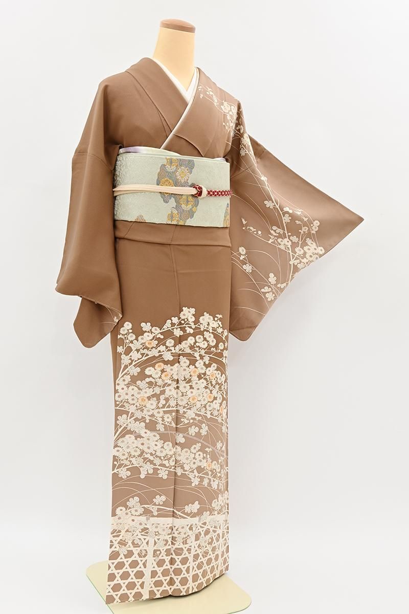 あおき【B-4324】繍一ッ紋 訪問着 雀茶色 垣根に菊の図 :身丈159.5/裄