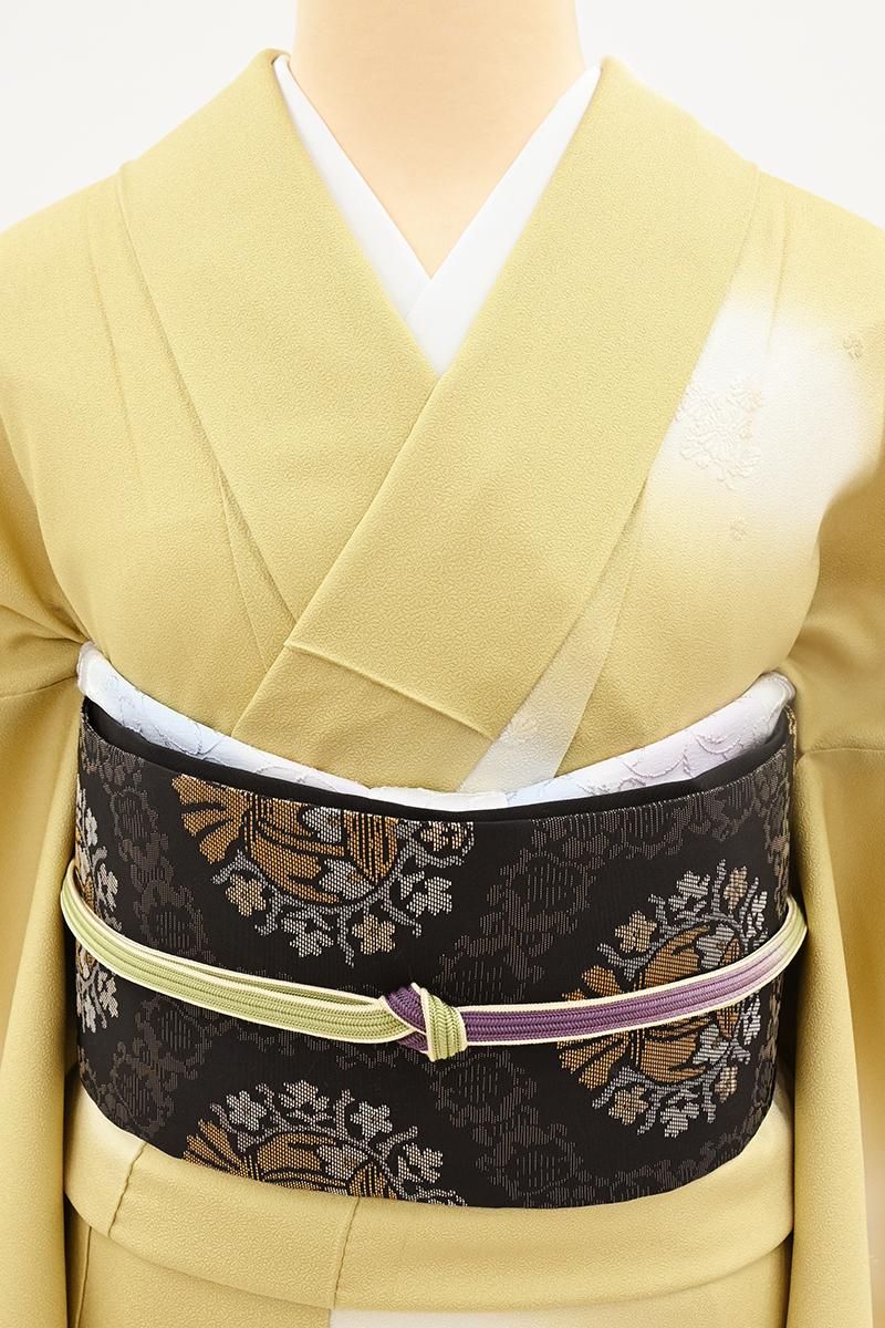 銀座【H-0823】西陣 帯屋捨松製 織名古屋帯 黒色 ザクロ花文（証紙付