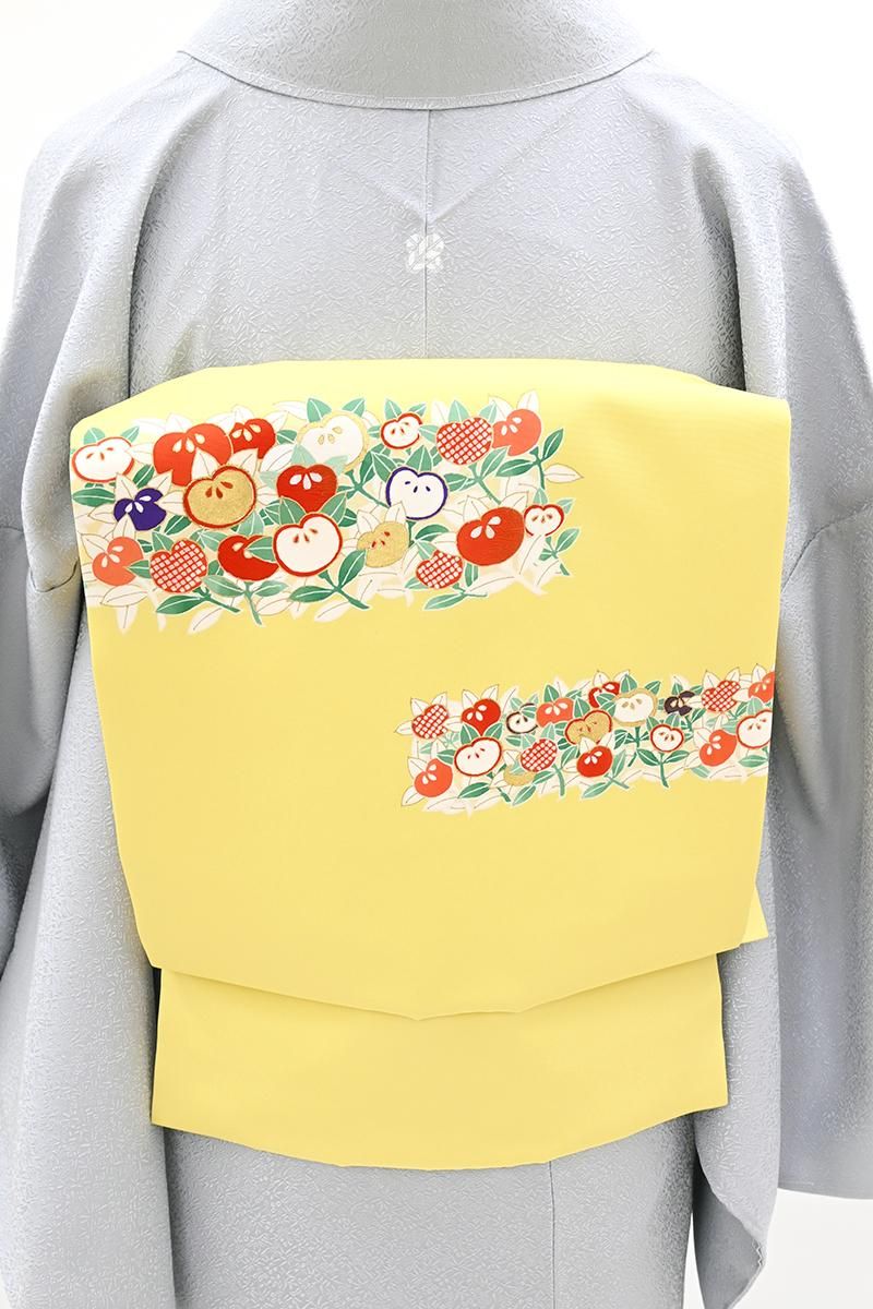 銀座【H-0842】塩瀬地 染名古屋帯 淡い黄色 橘文（銀座越後屋扱い・長