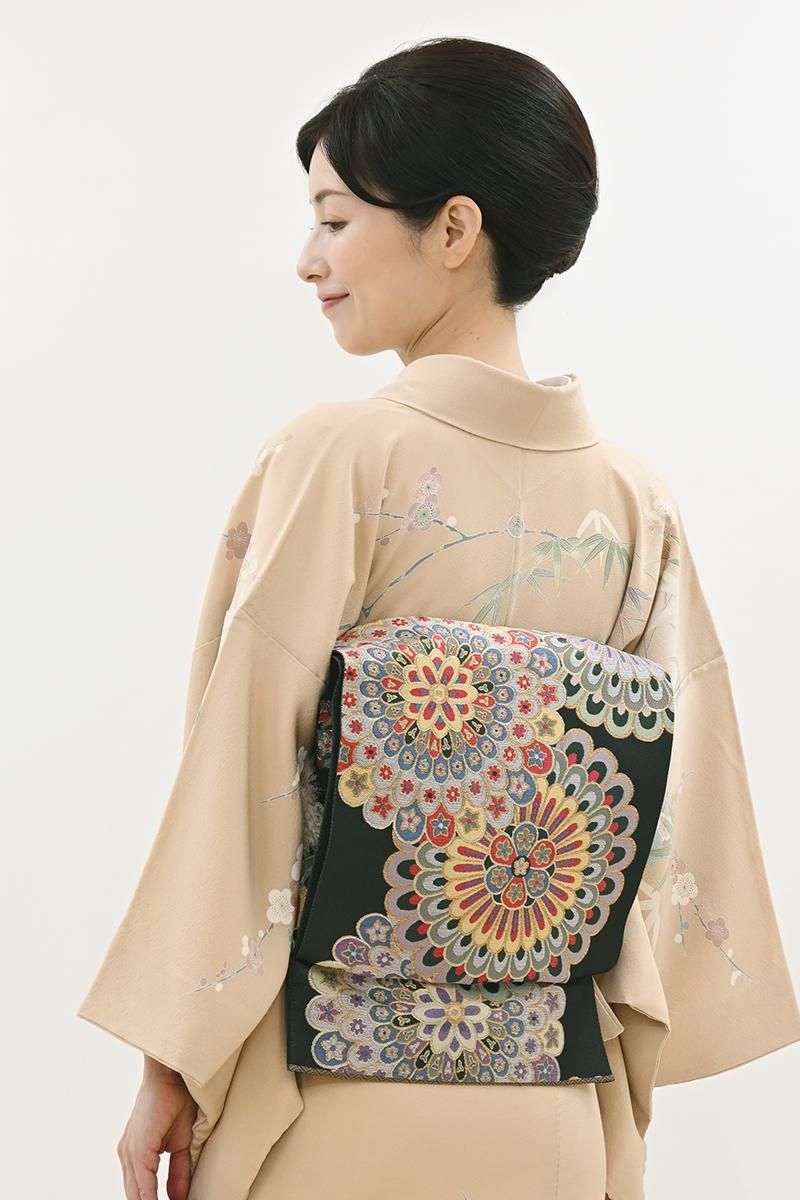 銀座【L-8556】西陣 帯屋捨松製 袋帯 鉄色 華文（落款入） - 銀座