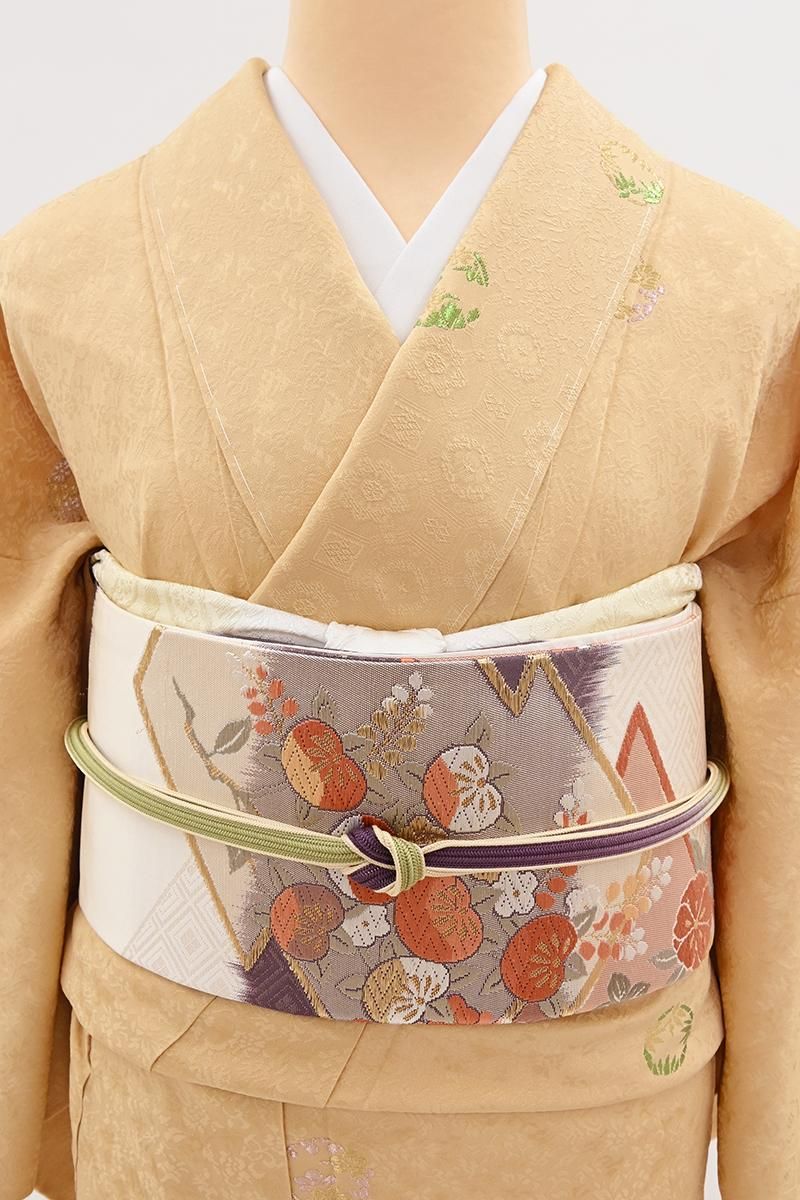 銀座【H-0875】織名古屋帯 白練色×二人静色 松皮菱に四季花文 - 銀座