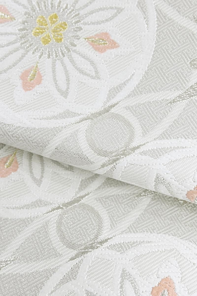 銀座【L-8634】西陣製 袋帯 銀色 七宝華文（証紙付） - 銀座きもの青木