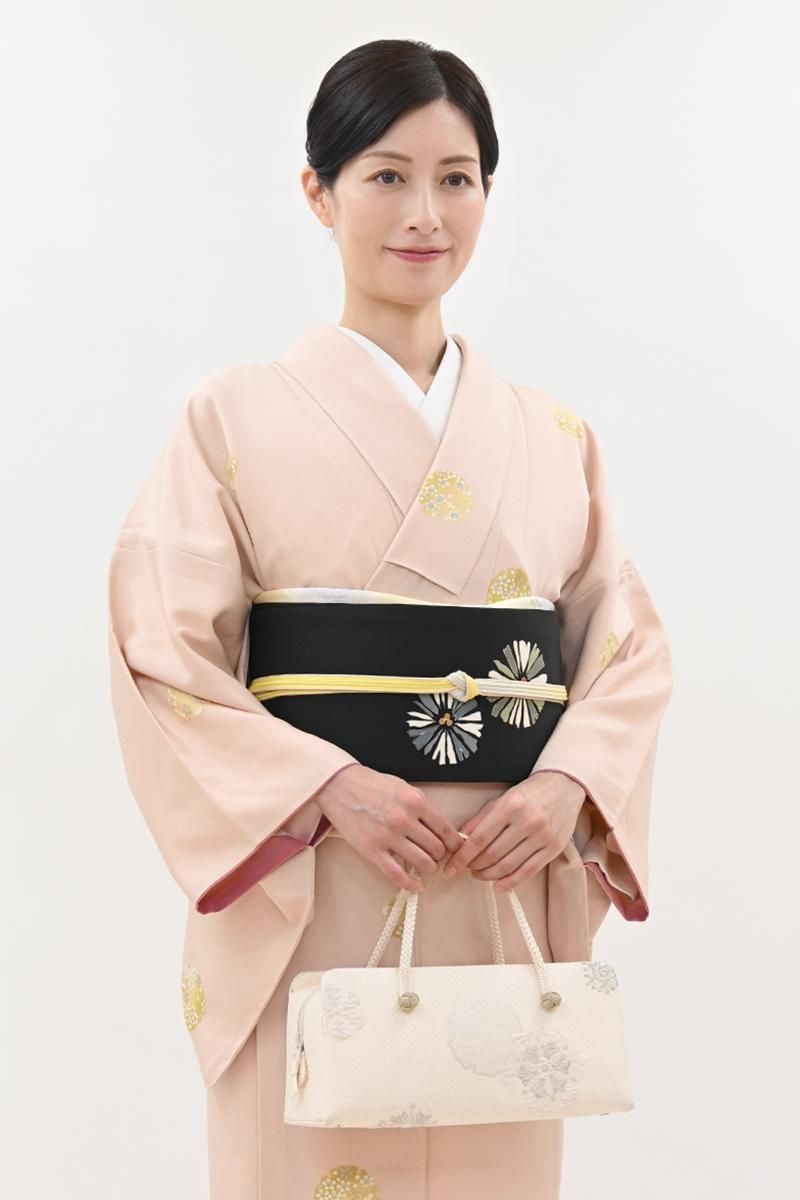 銀座【H-0899】塩瀬地 染名古屋帯 黒色 松葉文 - 銀座きもの青木｜長く