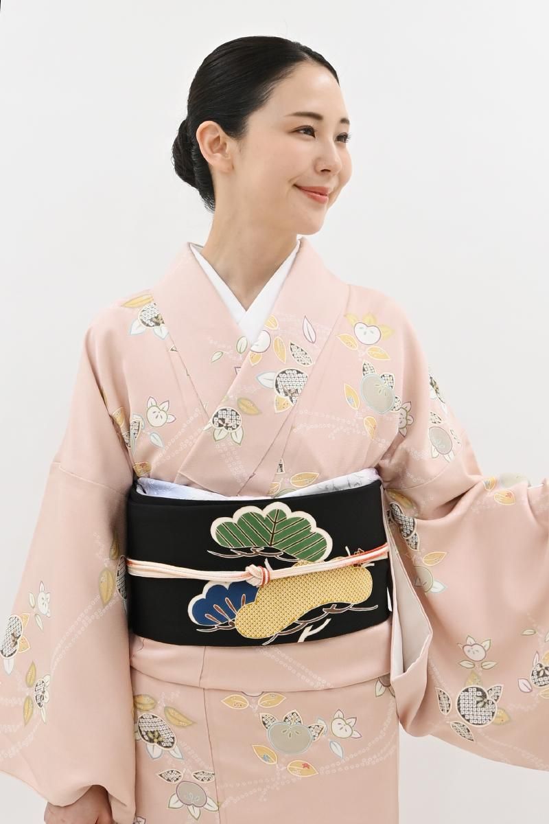 銀座【H-0916】塩瀬地 染名古屋帯 黒色 松の図 - 銀座きもの青木｜長く