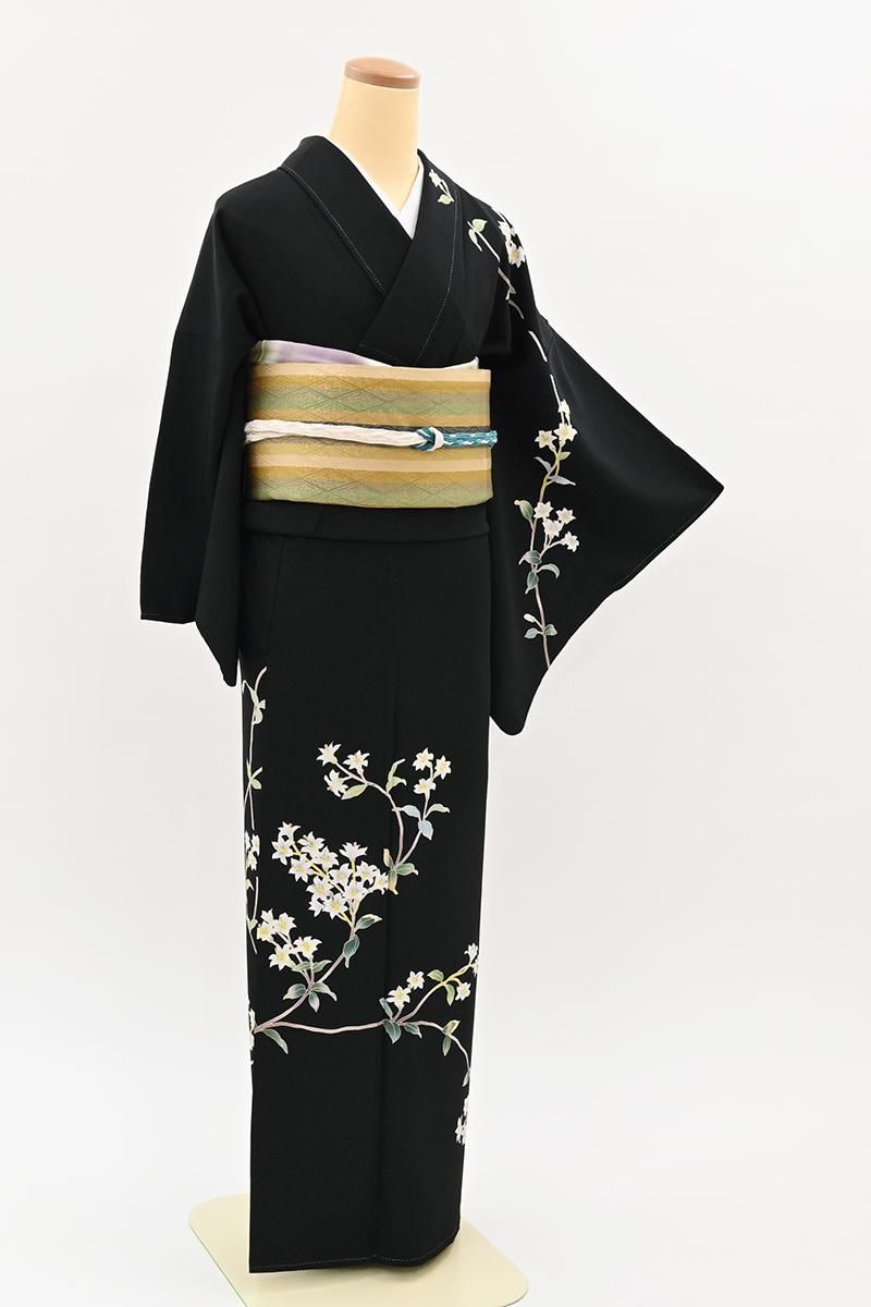 銀座【B-4430】本加賀友禅 南克治作 訪問着 黒色 花の図（落款入
