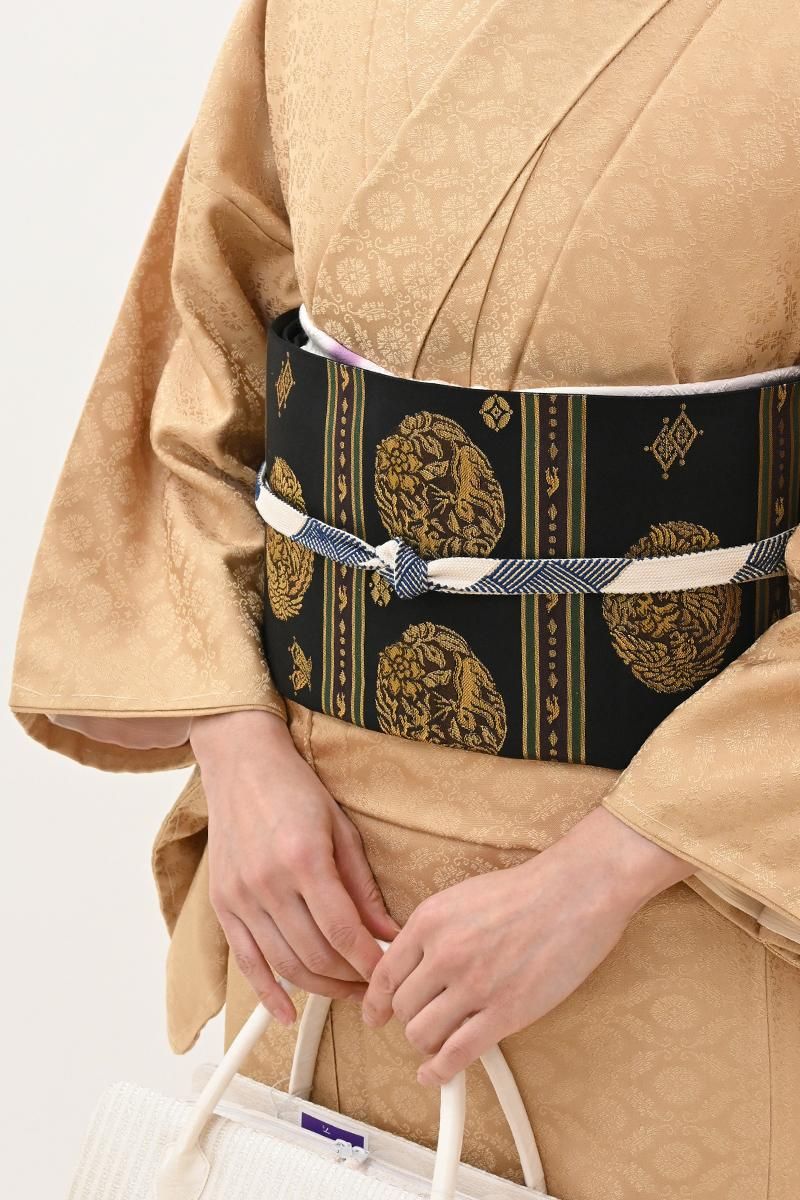 あおき【L-8753】西陣製 伝統工芸士 小笹宏風 袋帯 黒色 横段に鳳凰