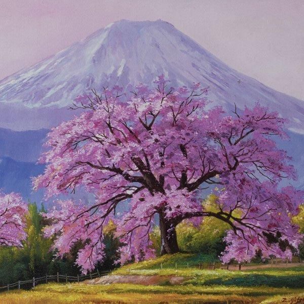 肉筆油彩画 一本桜と富士 ―三宝堂オンラインショップ