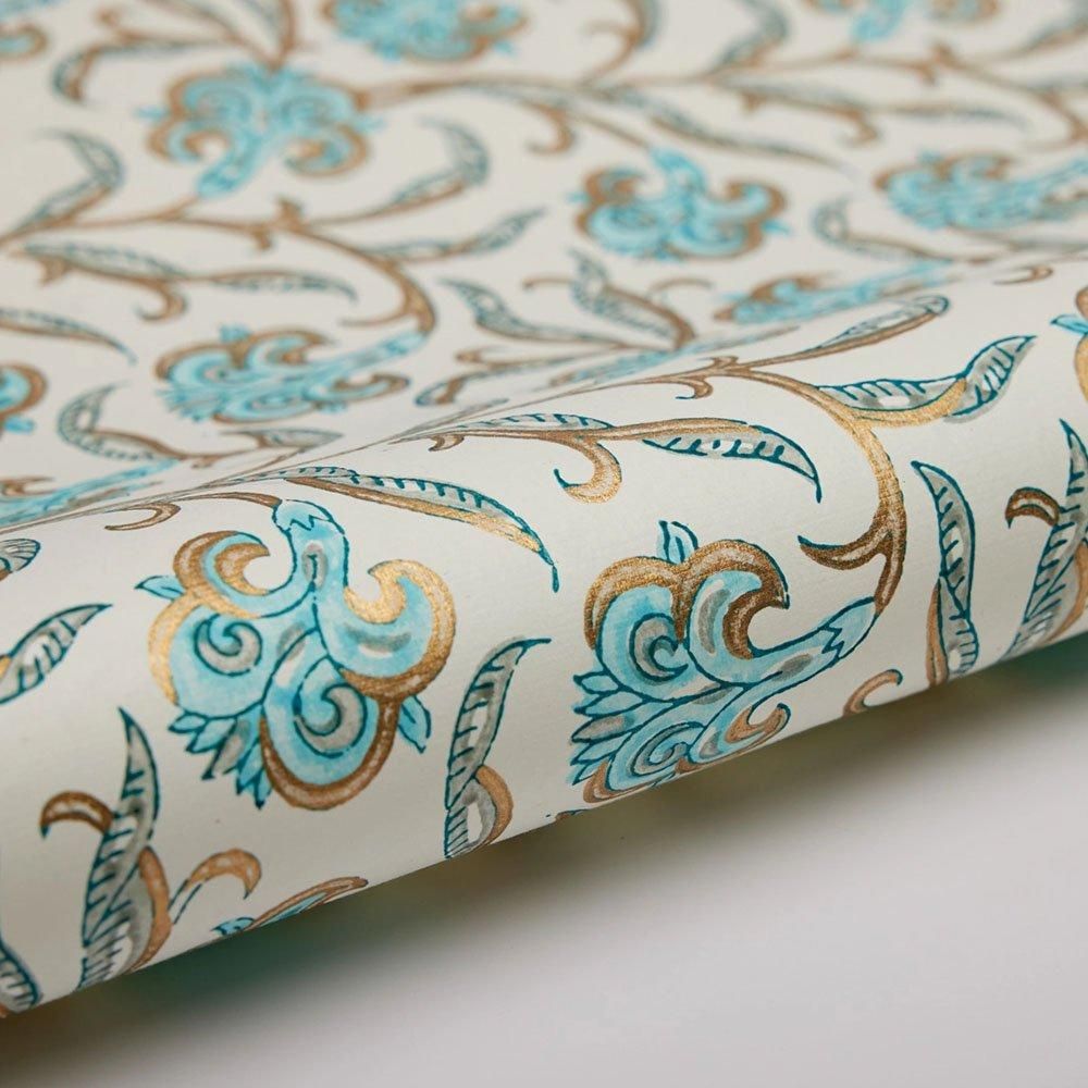 ブロックプリント】インド 金プリント/アイリス柄ペーパー/ターコイズ