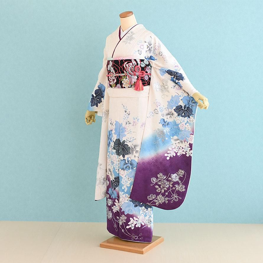 成人式振袖レンタル（FS0370）白×水色/花・モダン - 東京レンタルいしょう