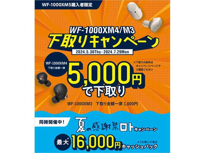 対象モデルを最大5,000円で下取り、ソニー「WF-1000XM5」購入