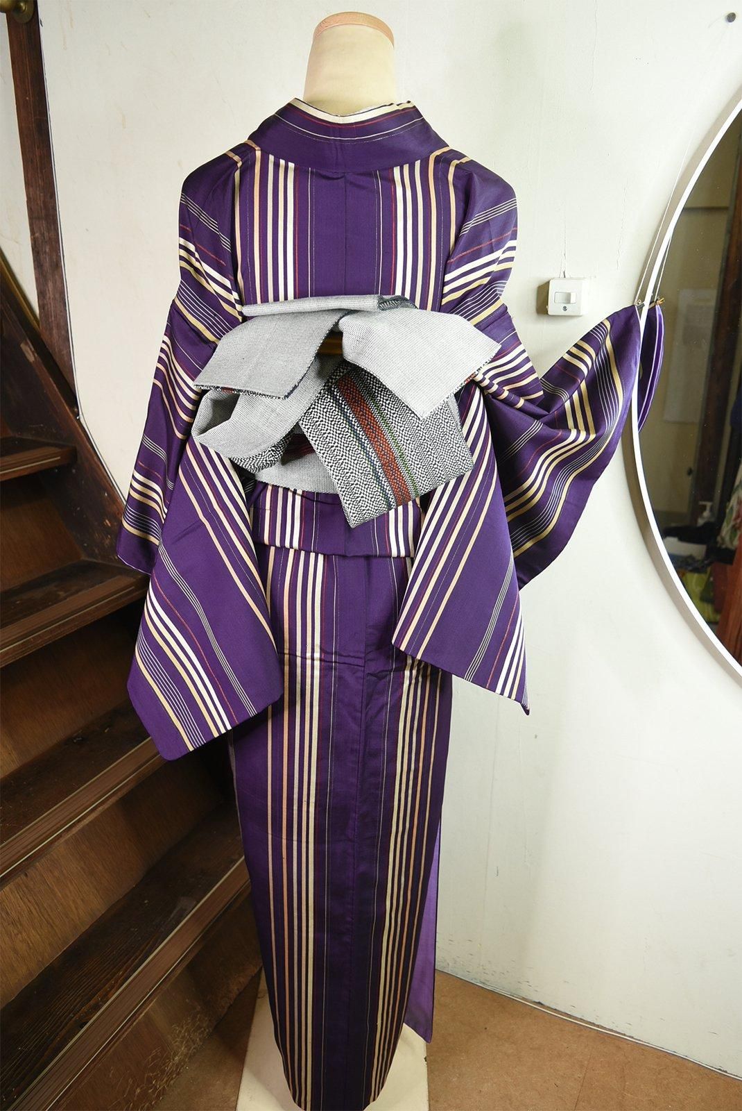 深紫に大正ロマン香茶縞小粋なアンティーク袷着物 - アンティーク着物