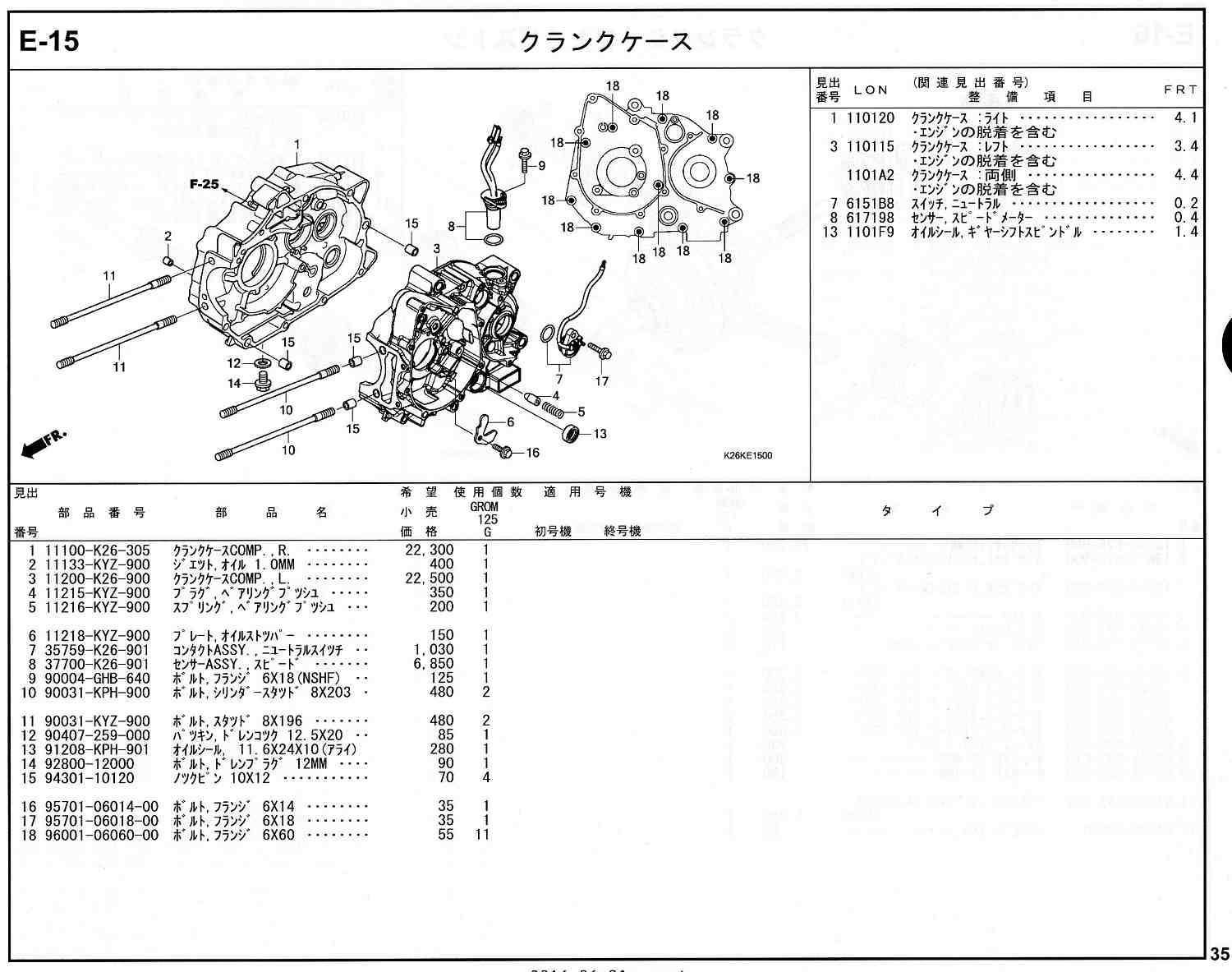 GROM(グロム）16～20モデル ホンダ純正部品 ブロックNo.E-15 クランク