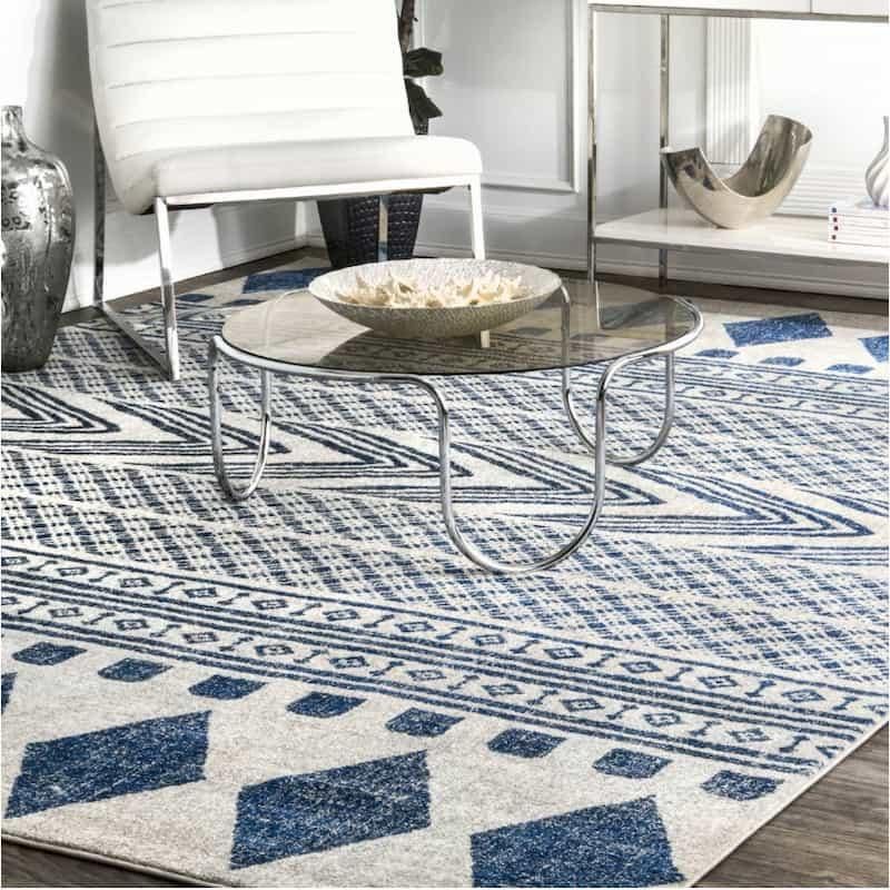 オリエンタル トライバル柄 民族 幾何学模様 デザインラグ ブルー Blue