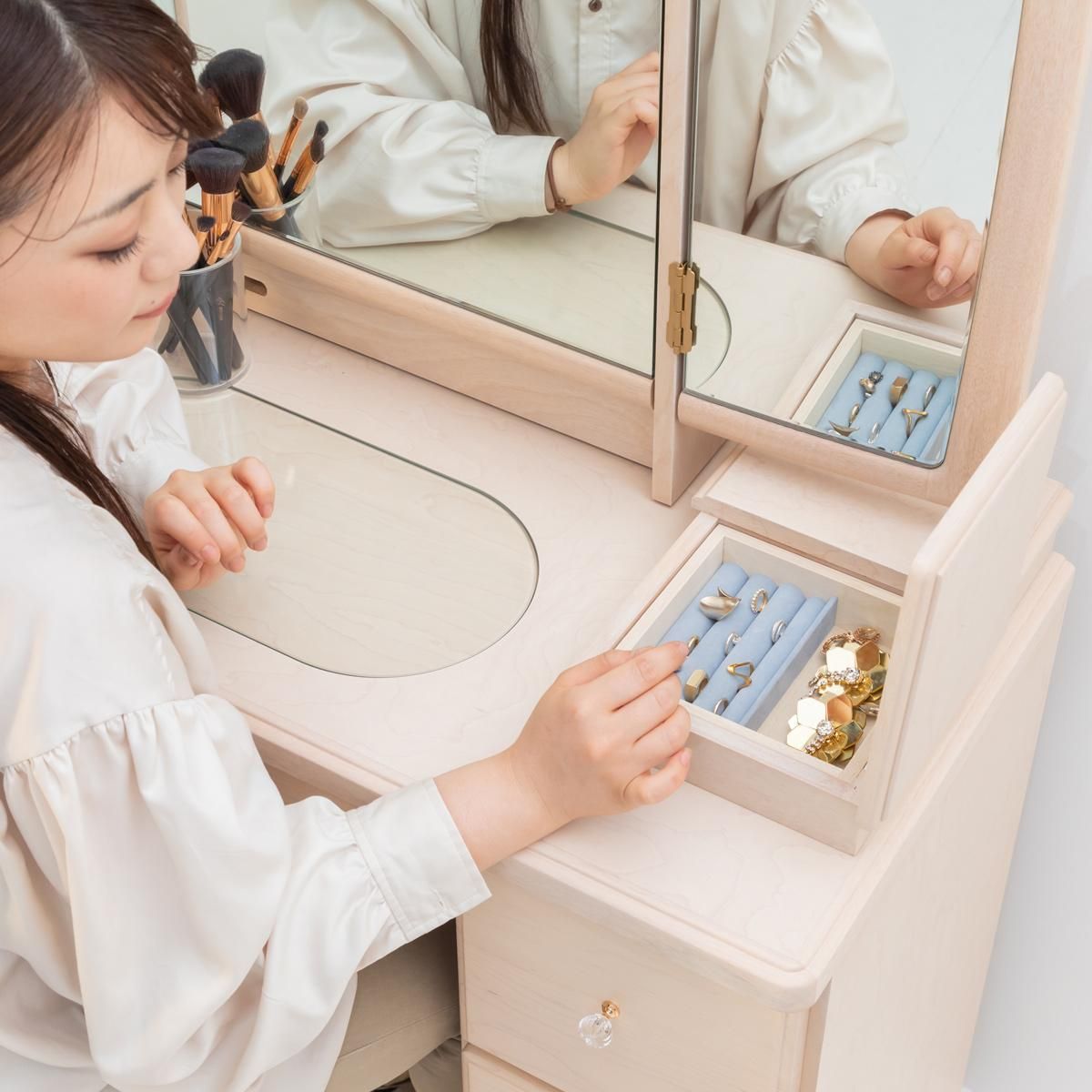 フェアリーテール（ベビーブルー）一面鏡ドレッサー椅子付き ハンドル