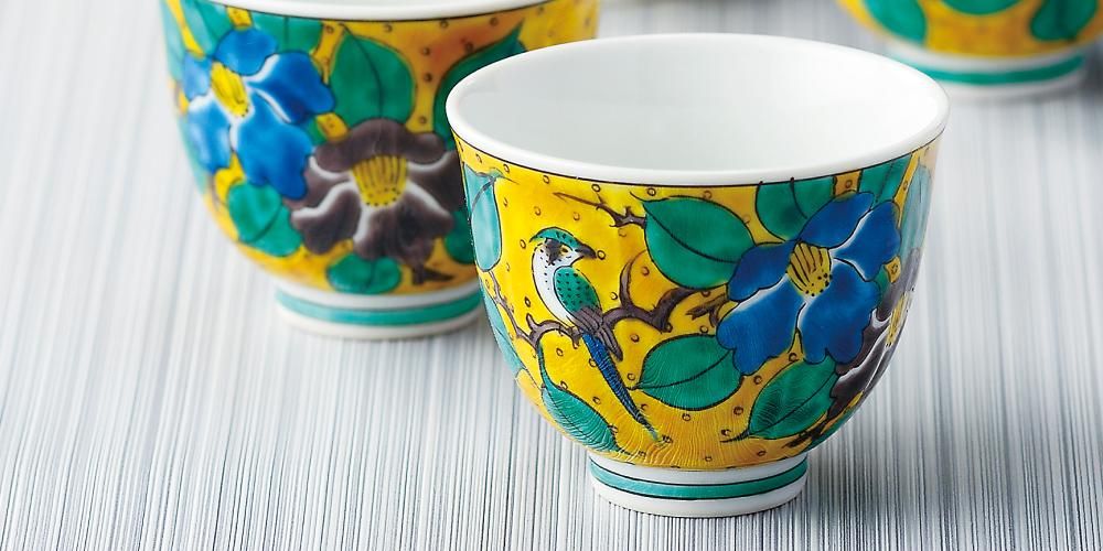 B389b 「椿図皿 5枚」九谷焼 金城製 春日山窯 青木木米 陶器 金沢