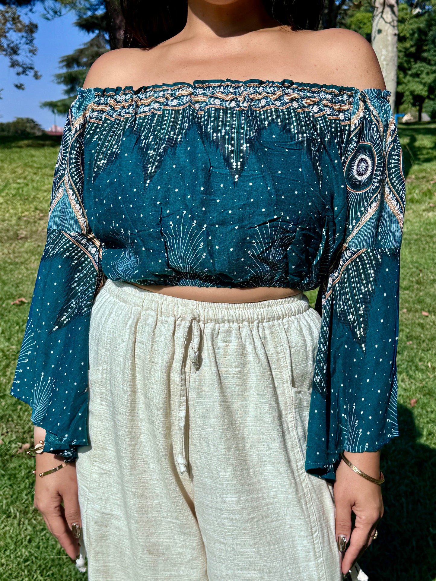 Teal Pleasant Off Shoulder with Flowy Sleeves Crop Top – INGKARAT