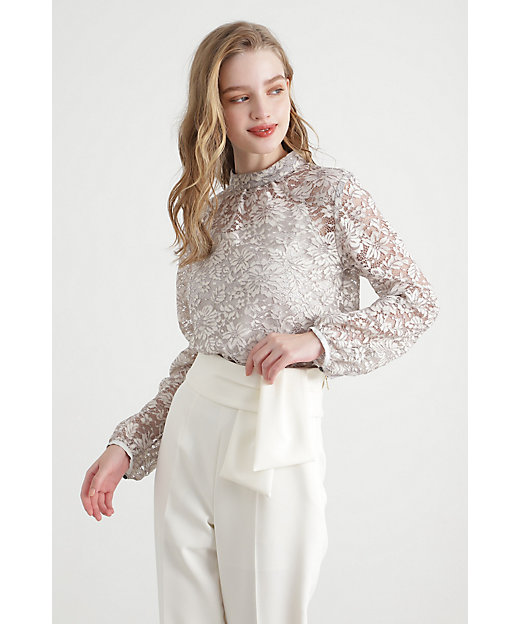 PINKY&DIANNE スタンドカラージャガードブラウス ブラック レオパード