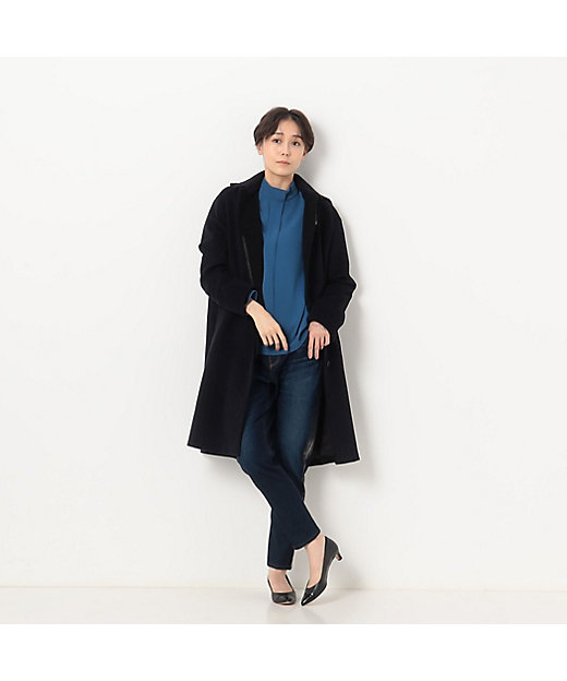 アンゴラウール デザインフード付スタンドステンカラーコート