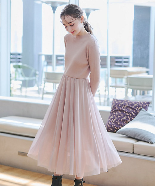 ふわっと軽い上品なワンピ】ラメニットチュールドッキングワンピース