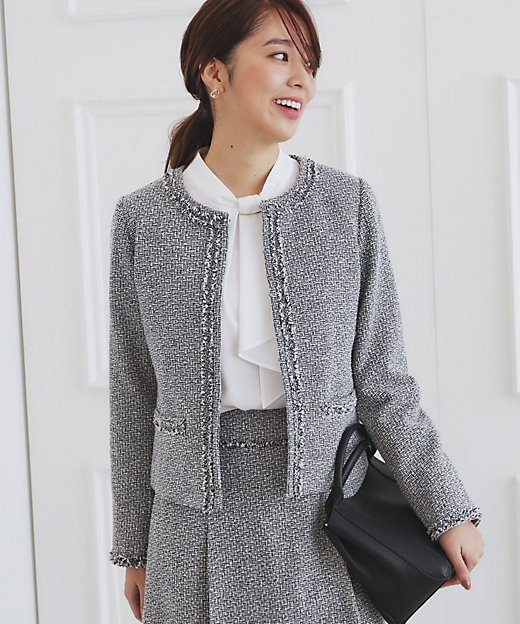 通勤・セレモニー／セットアップ対応＞ノーカラーツイードジャケット