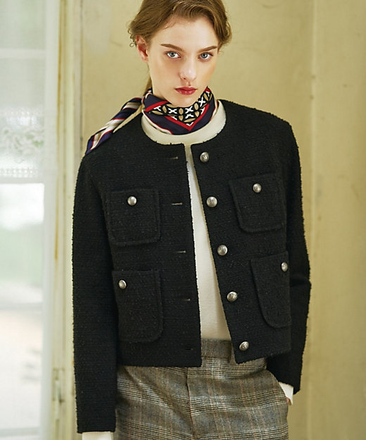 サスティナブルツイード】ノーカラーショートジャケット