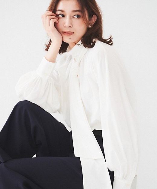 通勤】ボウタイ付スタンドネック ボリュームブラウス