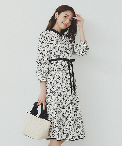 ミニフラワープリント バイカラーワンピース【洗濯機洗い可／イージー