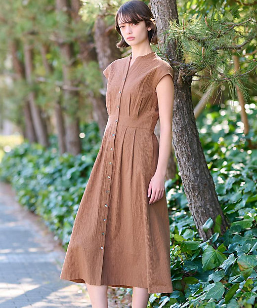 ポケットあり／後ろウエストゴム】フレンチスリーブリップルワンピース