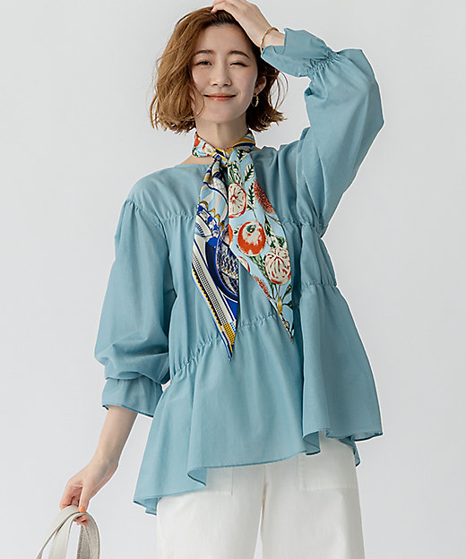 洗える】シアーコットンシルク シャーリング デザイン ブラウス