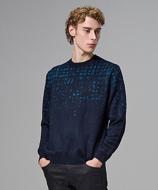 ドローイングプレイドジャカード クルーネック長袖ニット