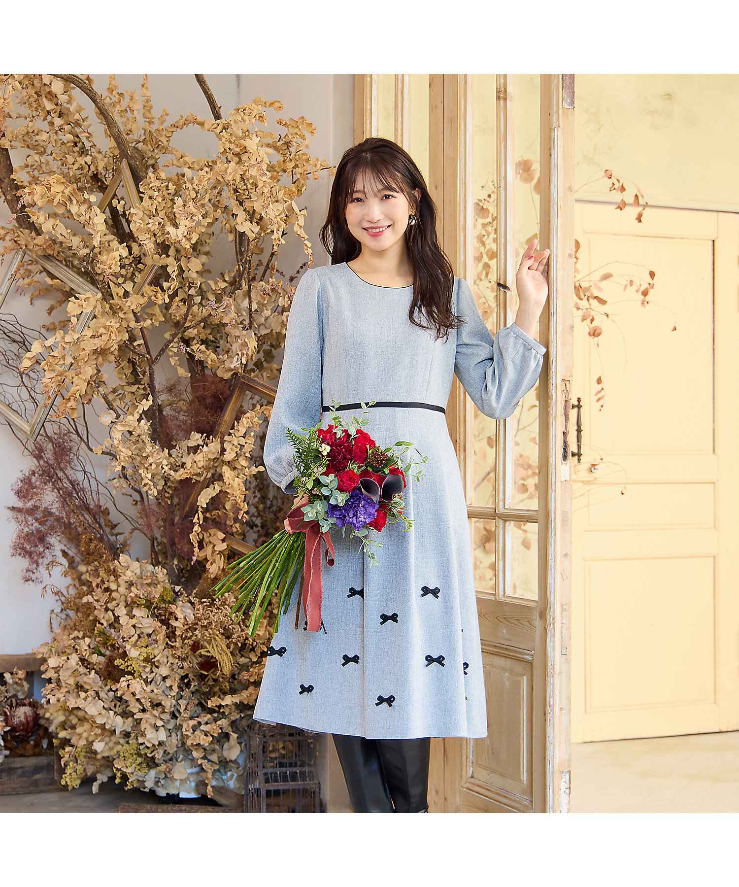 ウールライク素材】サテンリボンワンピース（51016507