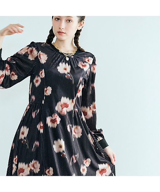 ストライプベロアフラワープリントワンピース（83016504