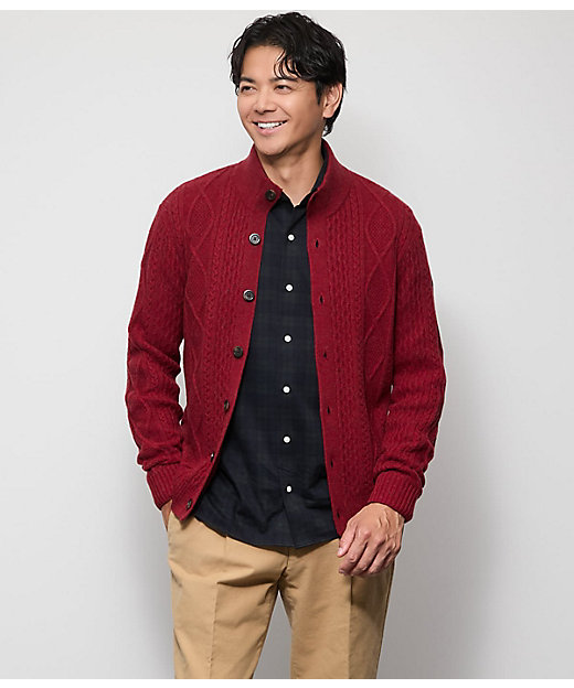 カシミヤ混 ケーブル スタンドカラーカーディガン