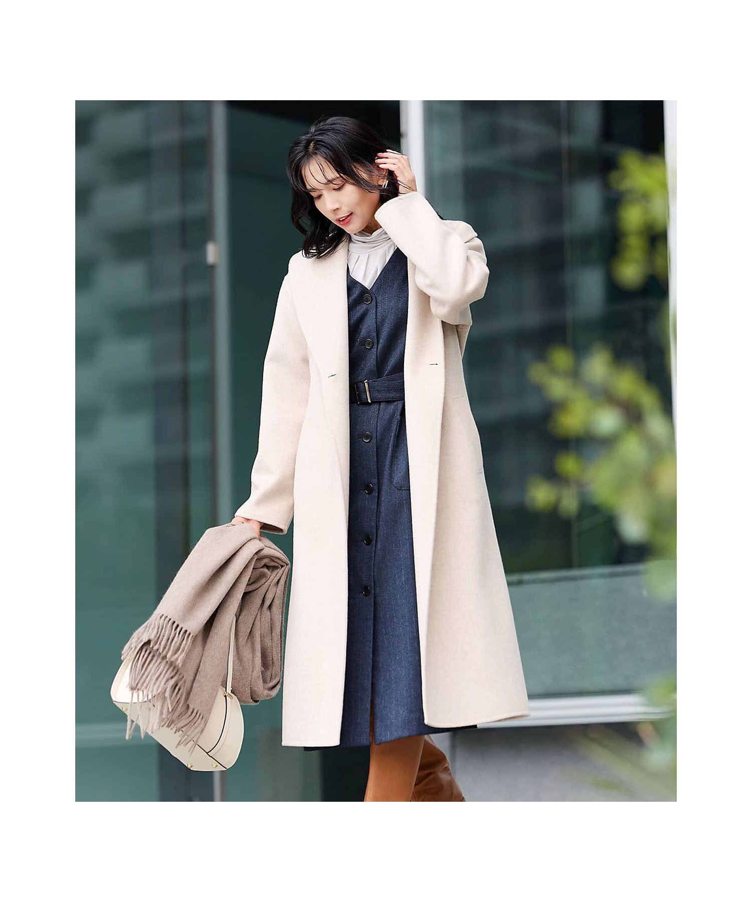 L】ウールナイロンリバー ショールカラーロングコート