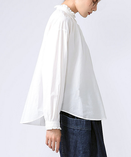 シェリー・E コットンの立ち襟ギャザーブラウス 白 1328053ー